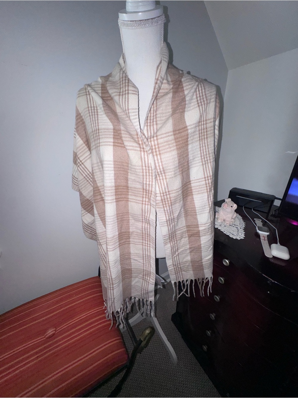 Beige and Cream Plaid Fringe Scarf - Picture 2 of 6